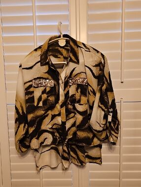 Chico's Sequin Pocket Abstract Print Shirt Jacket - Beige & Black